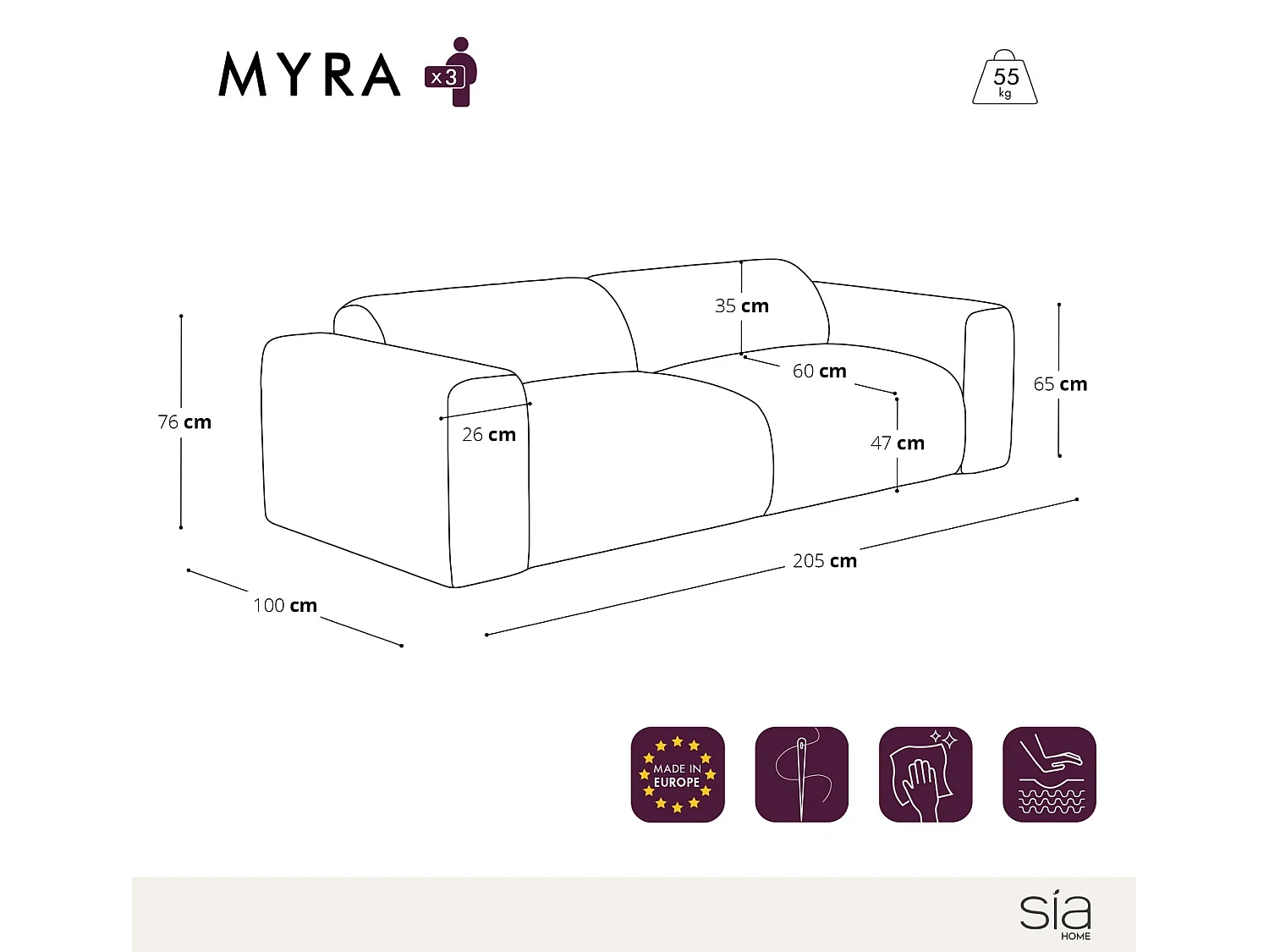 Canapé 3 places bouclette crème 205cm MYRA
