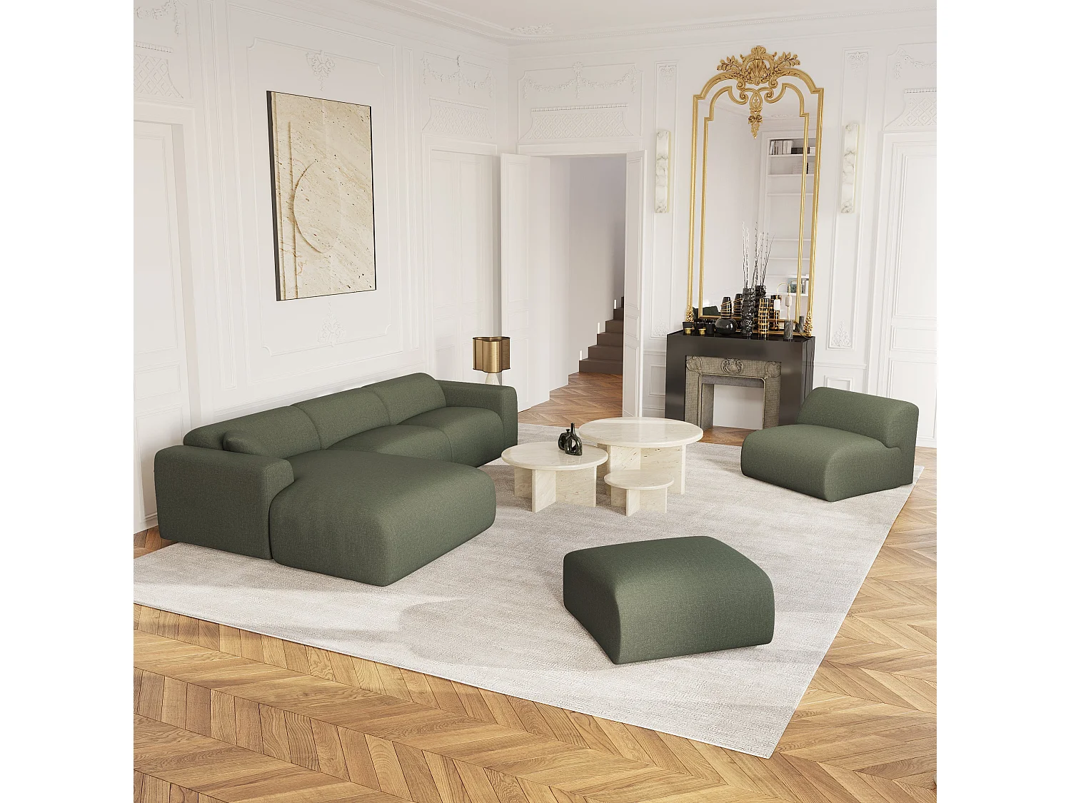 Fauteuil sans accoudoirs MYRA en tissu tramé vert olive 75x97cm