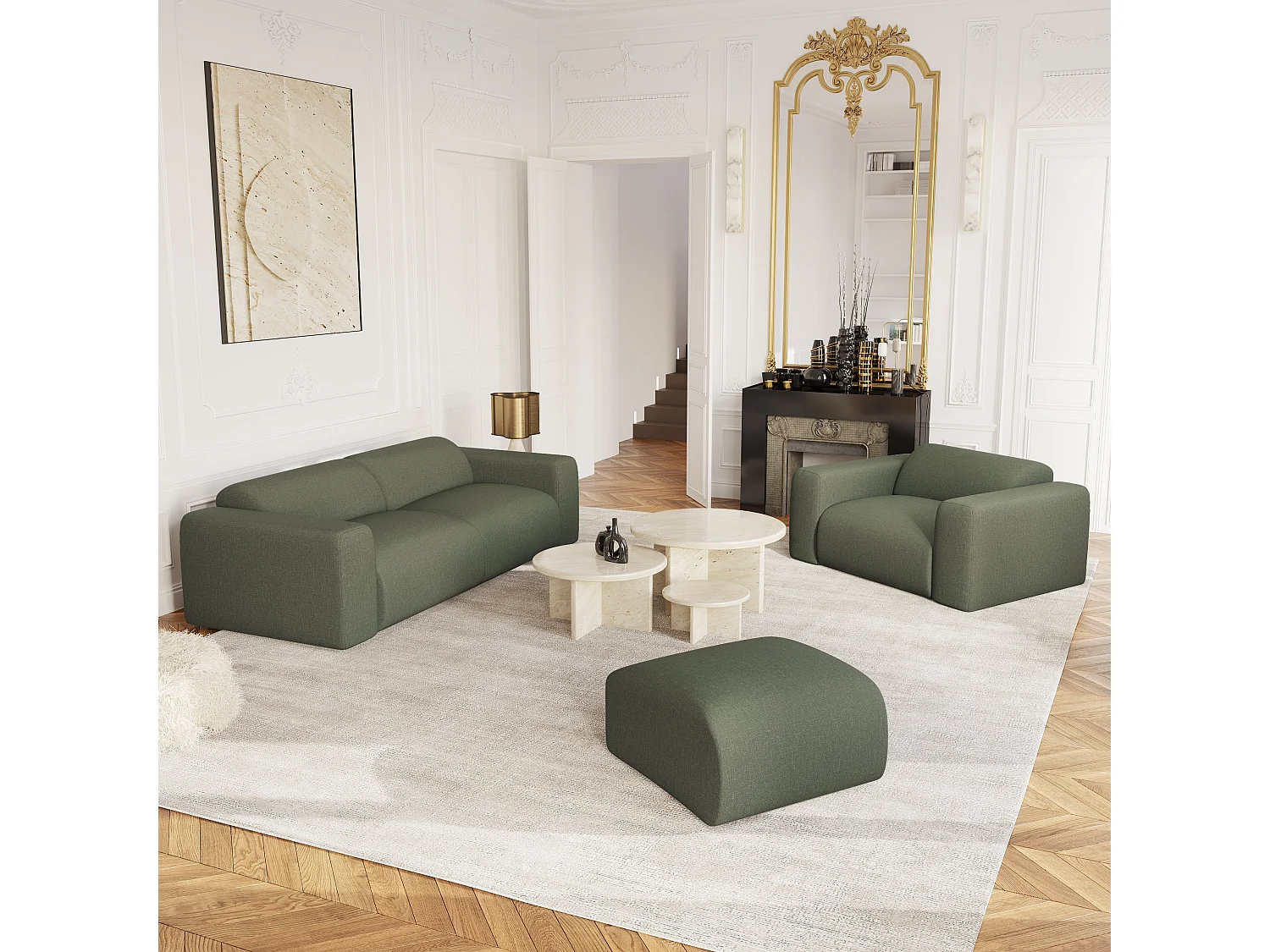 Pouf MYRA en tissu tramé vert olive