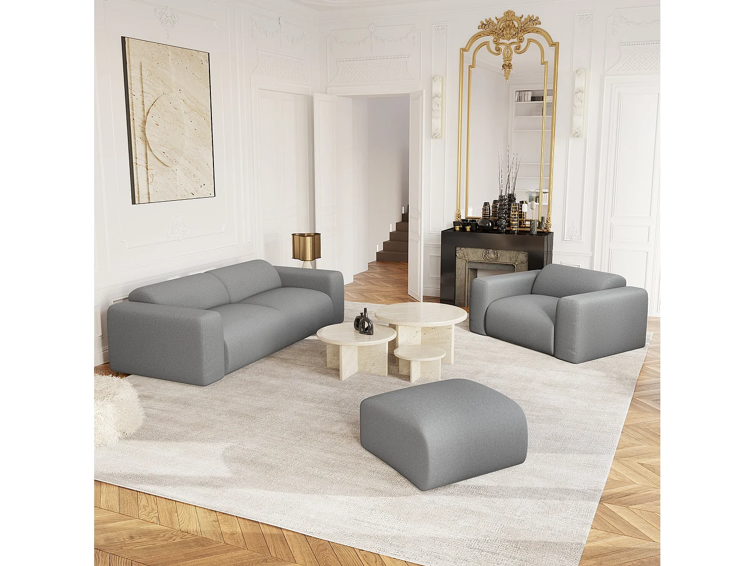 Pouf tissu tramé gris clair MYRA