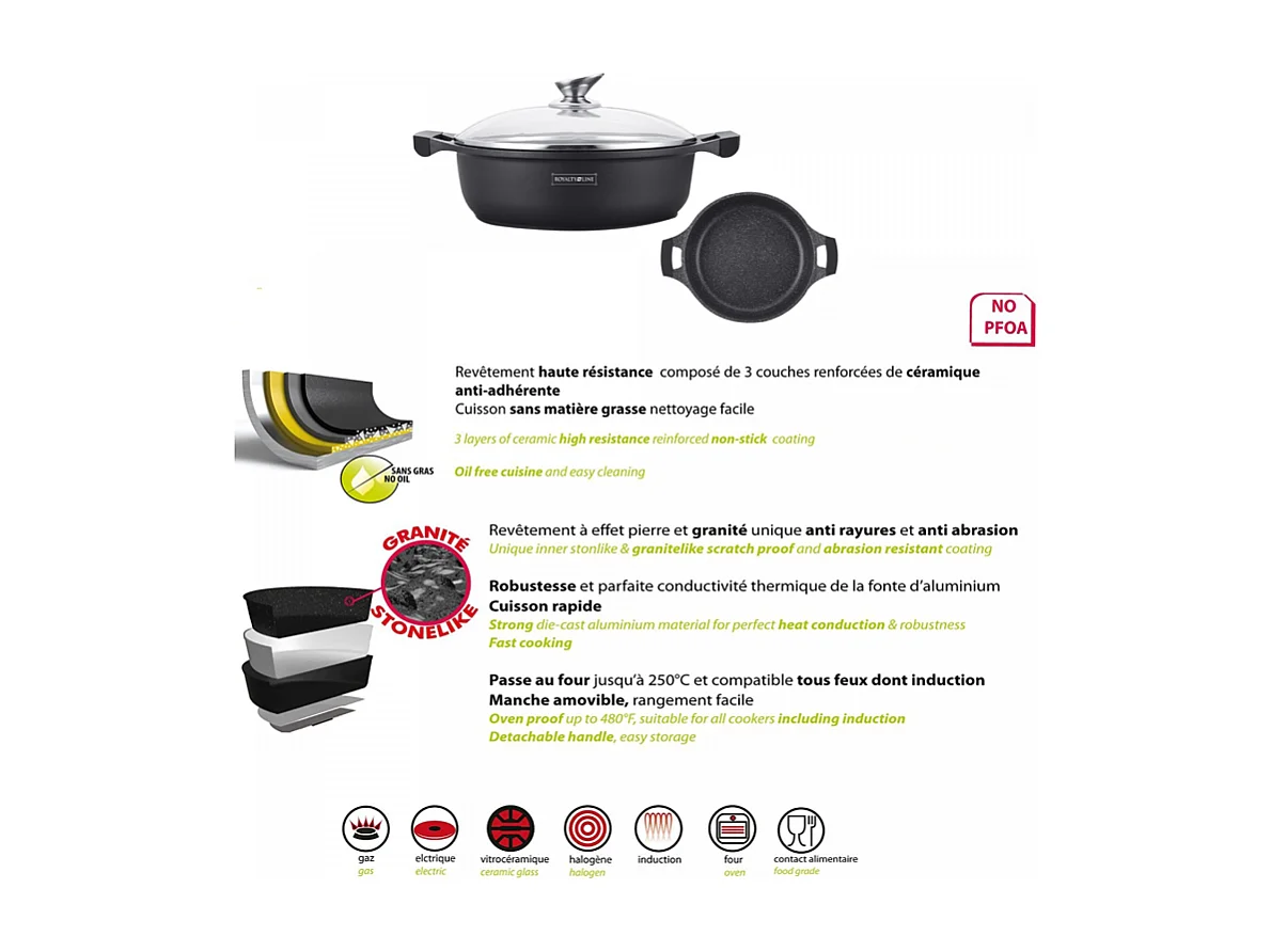 Marmite Sauteuse Royalty Line RL-BR28M 28cm Antihaft-Marmor-Effekt mit Deckel, Kompatibel mit Allen Herdarten und Backofen