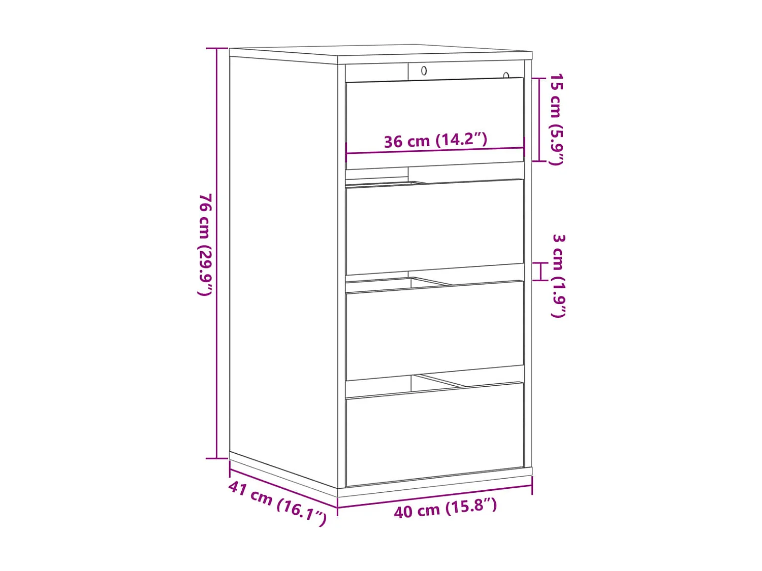 Ladekast 40x41x76 cm bewerkt hout oud houtkleurig