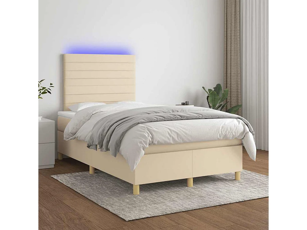 Cama box spring c/ colchão e LED 120x190 cm tecido cor creme