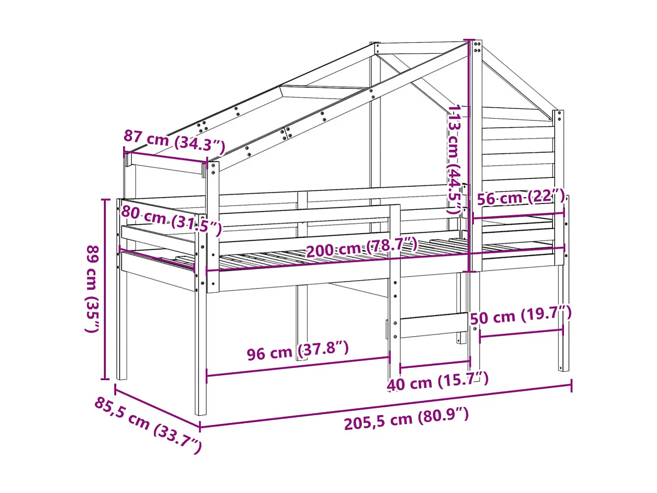Lit haut sans matelas 80x200 cm bois de pin massif