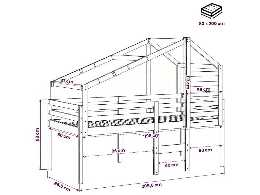 Hoogslaper met bedhuis massief grenenhout 80x200 cm