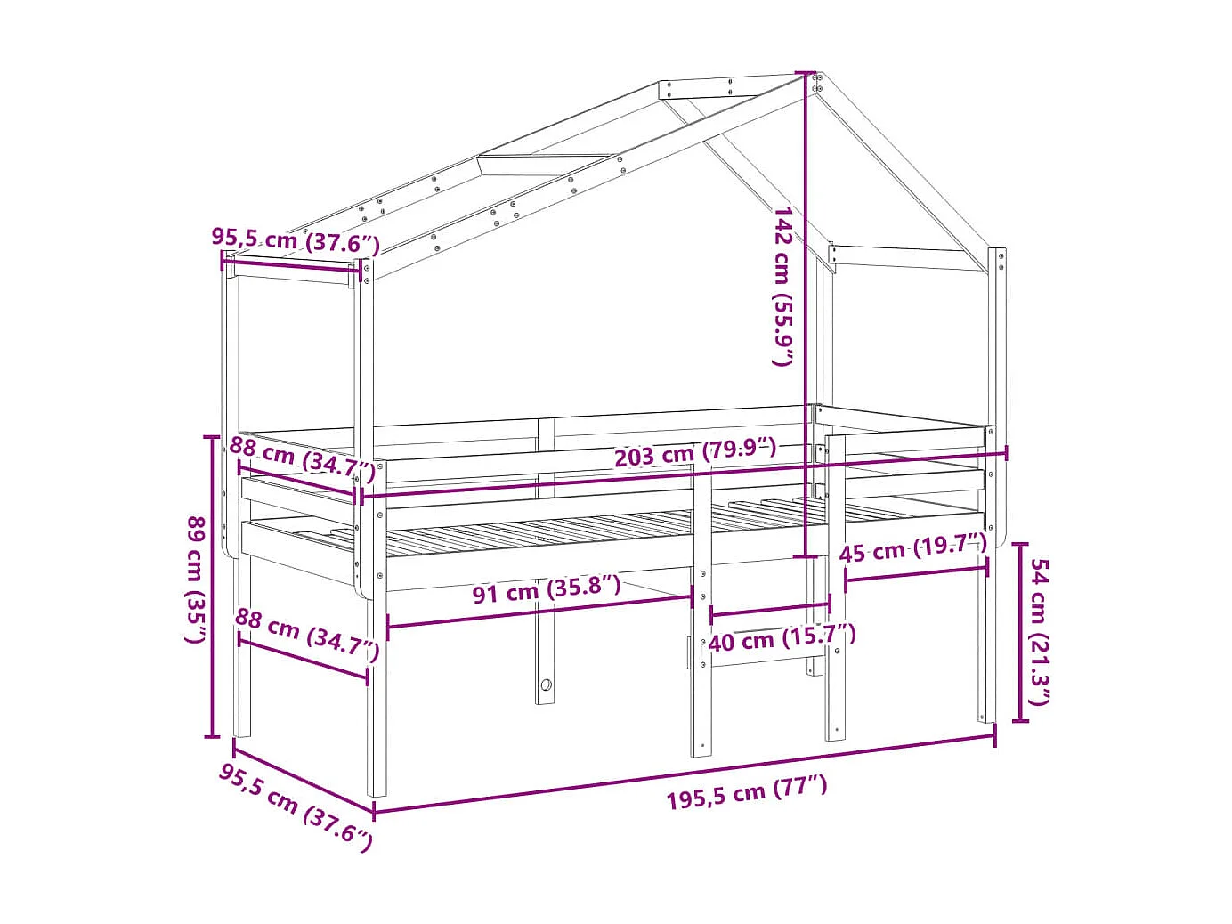 Lit haut sans matelas blanc 90x190 cm bois de pin massif