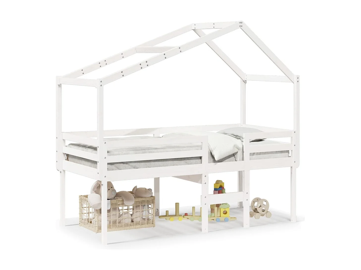 Letto a Soppalco con Tetto Bianco 90x190 cm in Legno di Pino