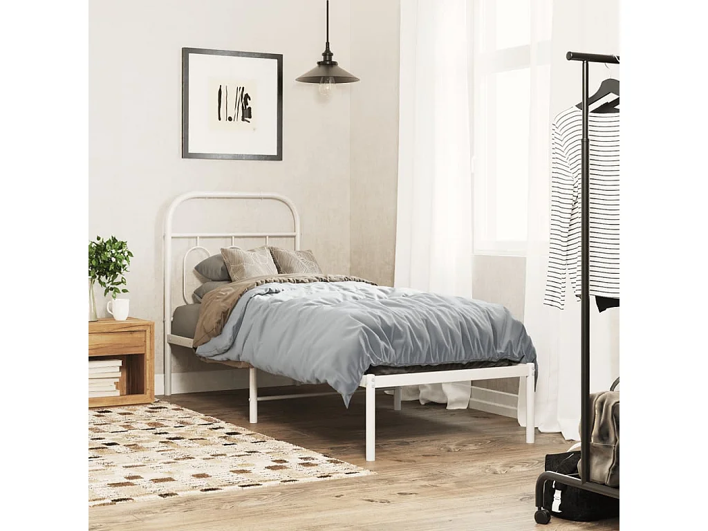 Cadre de lit métal sans matelas avec tête de lit blanc 75x190cm