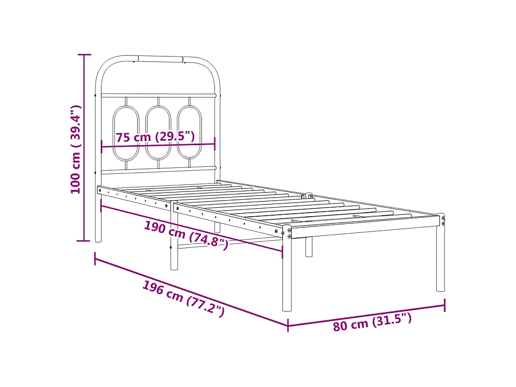 Cadre de lit métal sans matelas avec tête de lit blanc 75x190cm