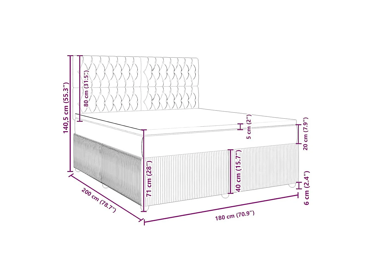 Sommier à lattes de lit et matelas Gris foncé 180x200cm Velours
