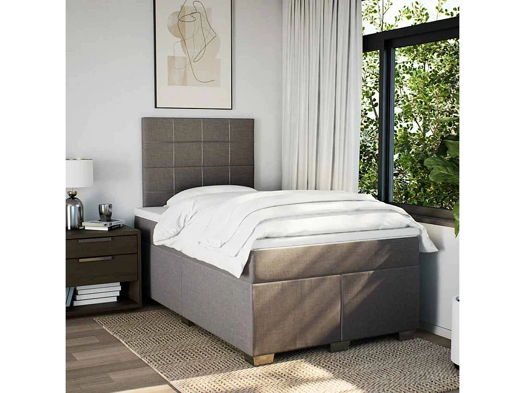 Cama box spring con colchón tela gris taupe 120x200 cm