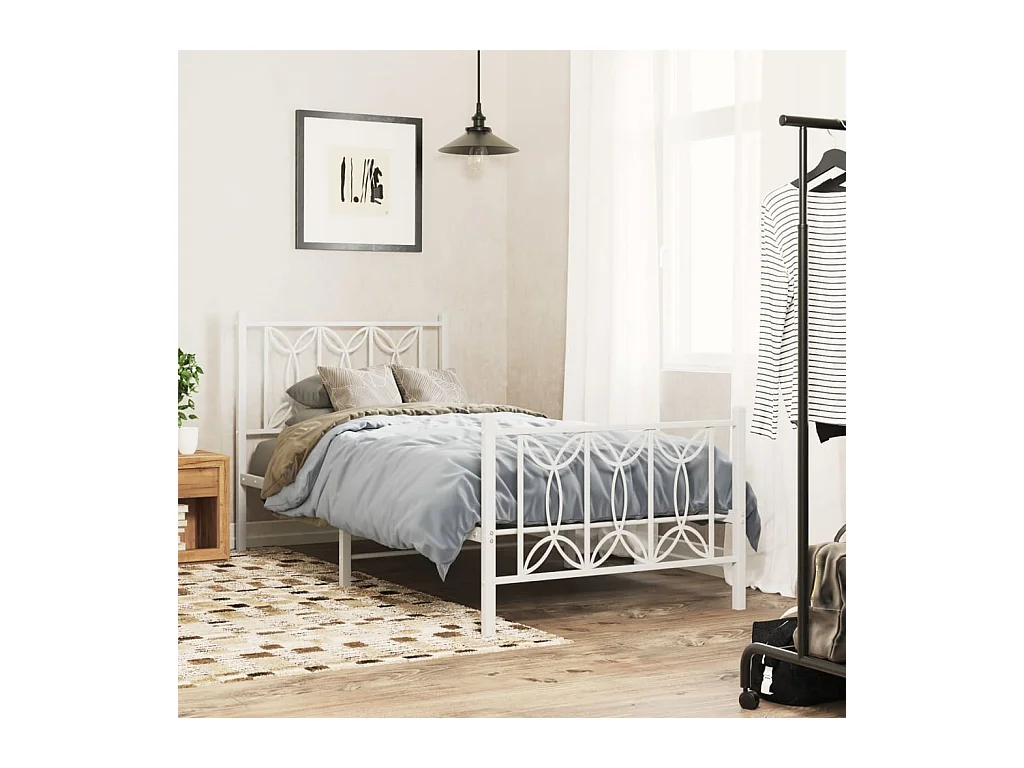 Cadre de lit métal sans matelas avec pied de lit blanc 75x190cm