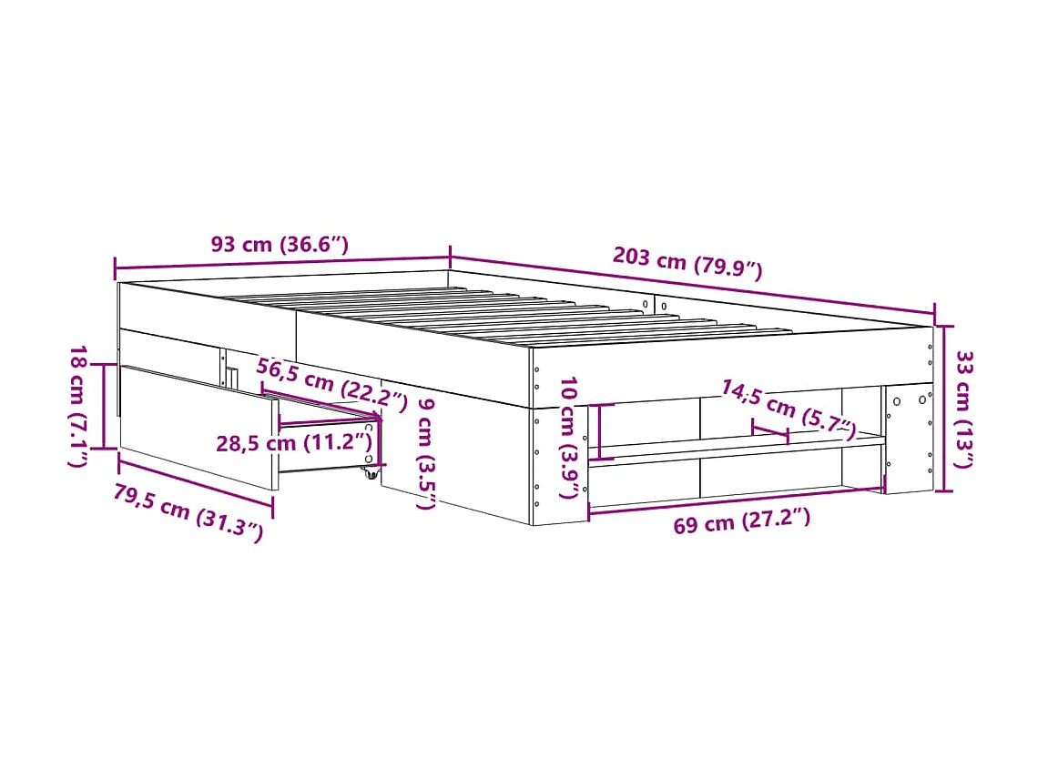 Cadre de lit sans matelas gris béton 90x200cm bois d'ingénierie