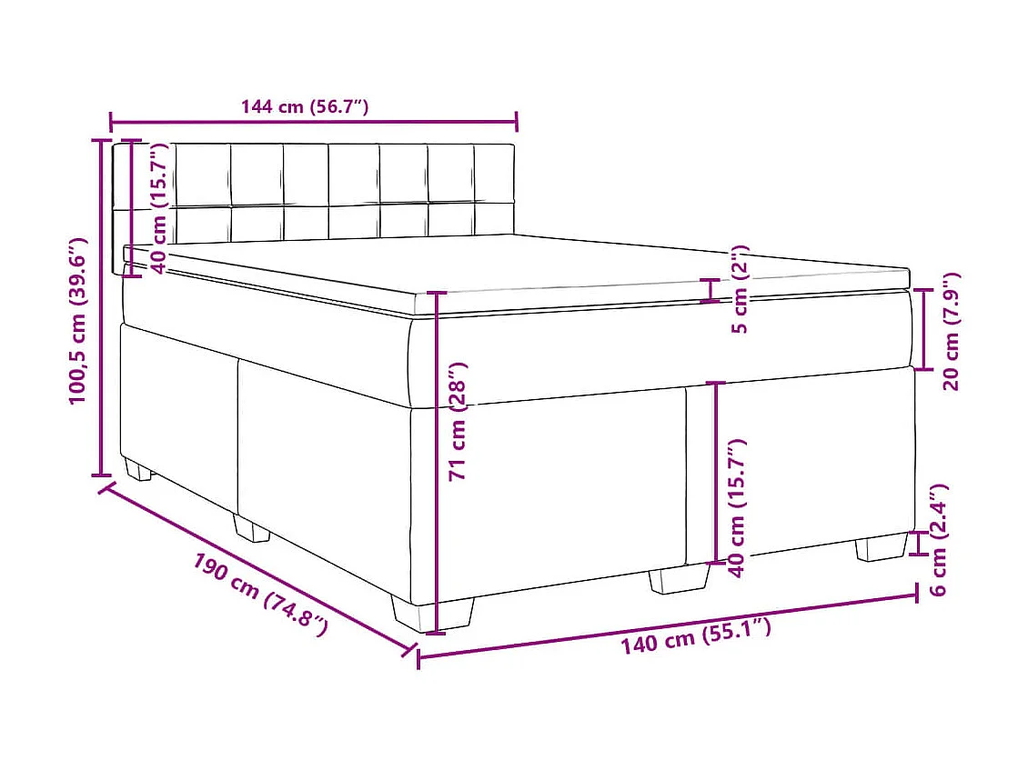 Cama box spring con colchón terciopelo gris oscuro 140x190 cm