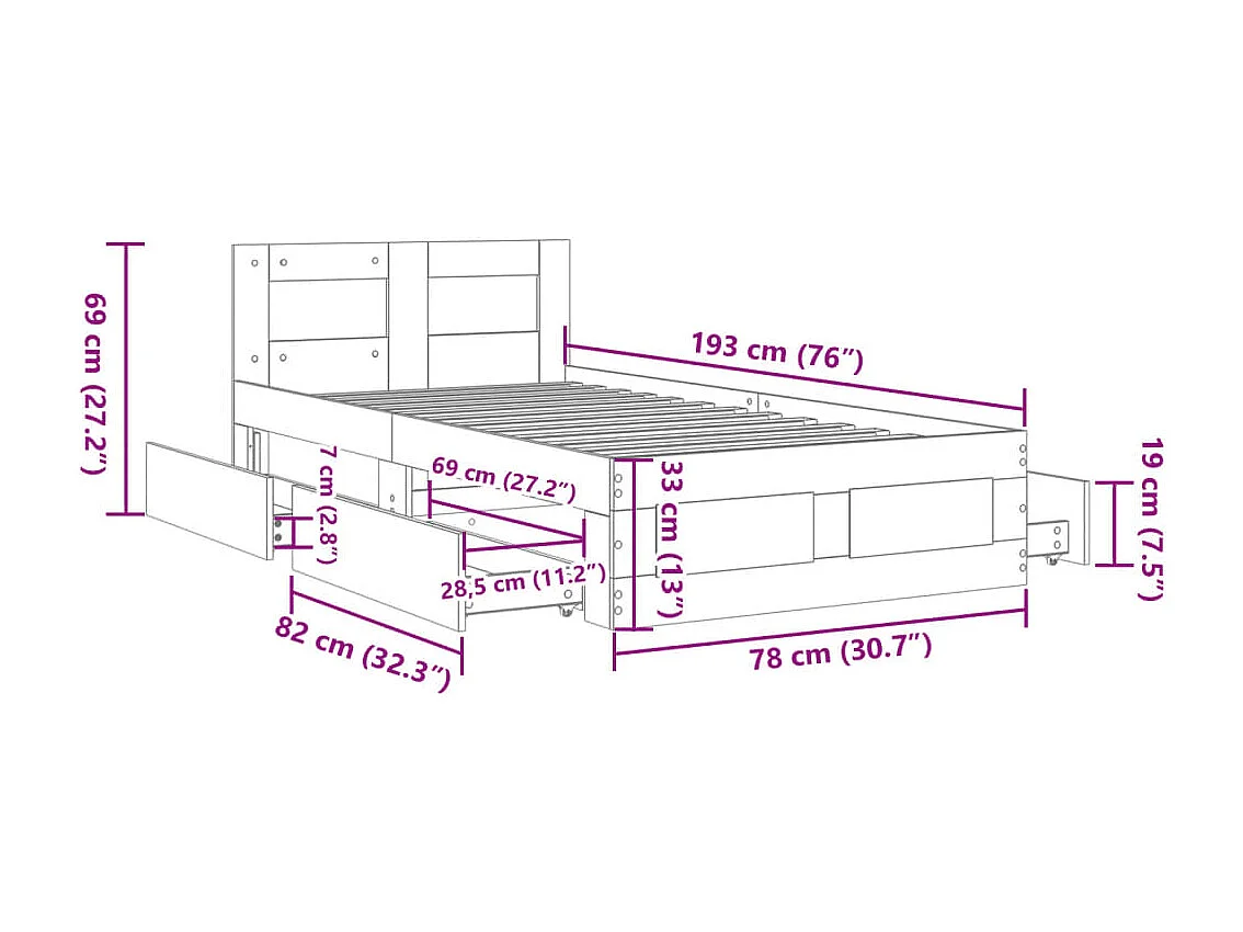 Bedframe met hoofdbord bewerkt hout sonoma eiken 75x190 cm