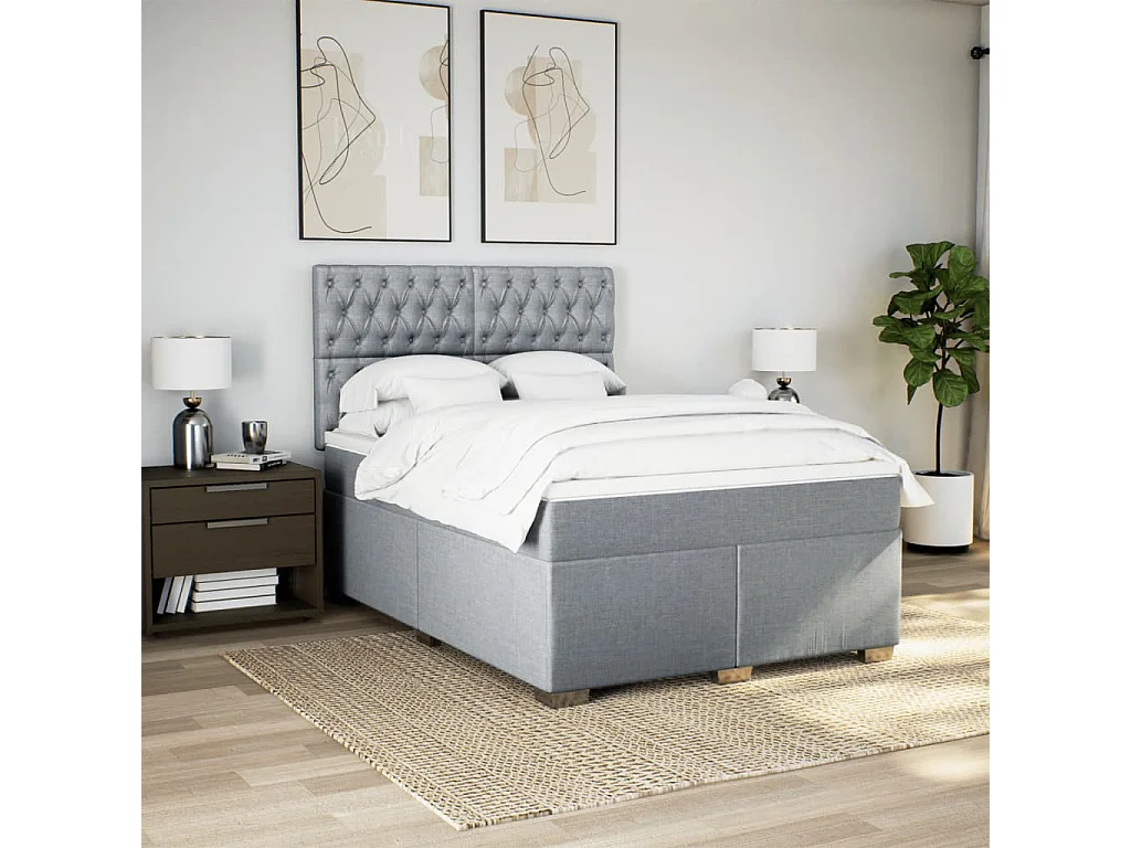 Cama box spring con colchón tela gris claro 160x200 cm