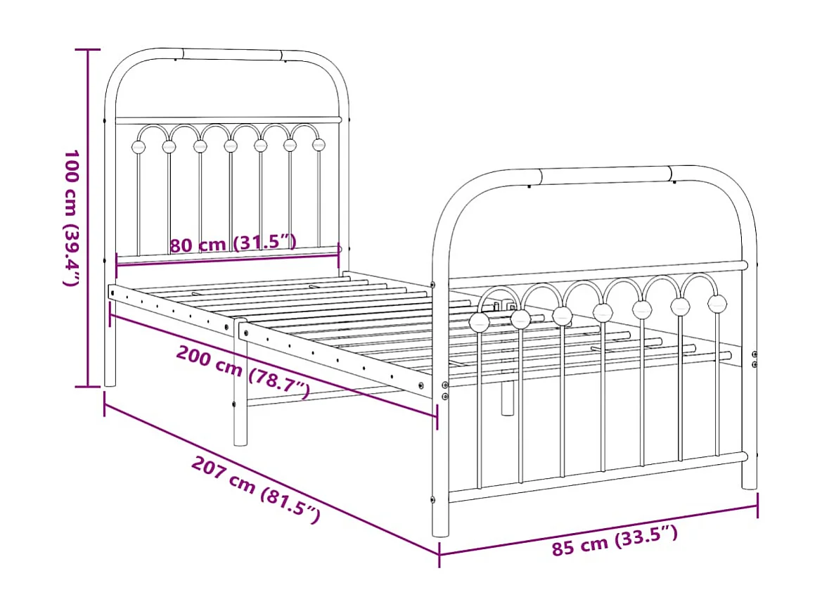 Cadre de lit métal sans matelas avec pied de lit blanc 80x200cm