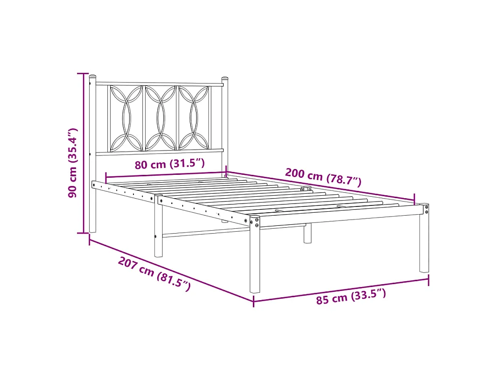 Bedframe met hoofdbord metaal zwart 80x200 cm