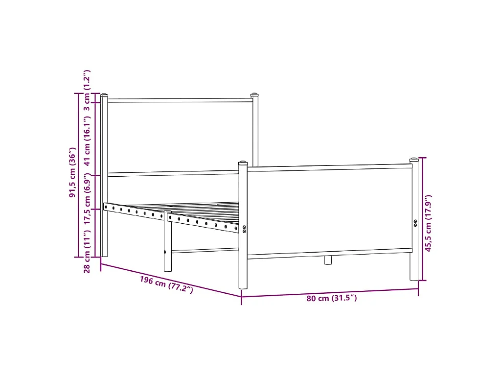 Cadre de lit en métal sans matelas chêne fumé 75x190 cm