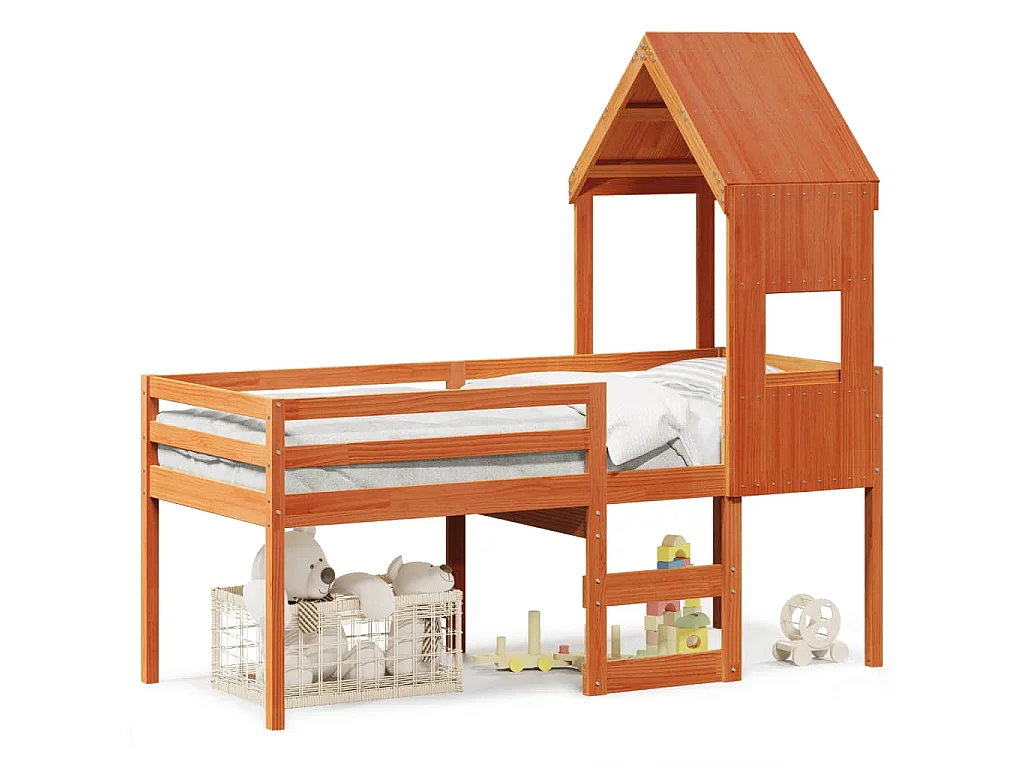 Cama alta con techo madera maciza de pino marrón cera 75x190 cm