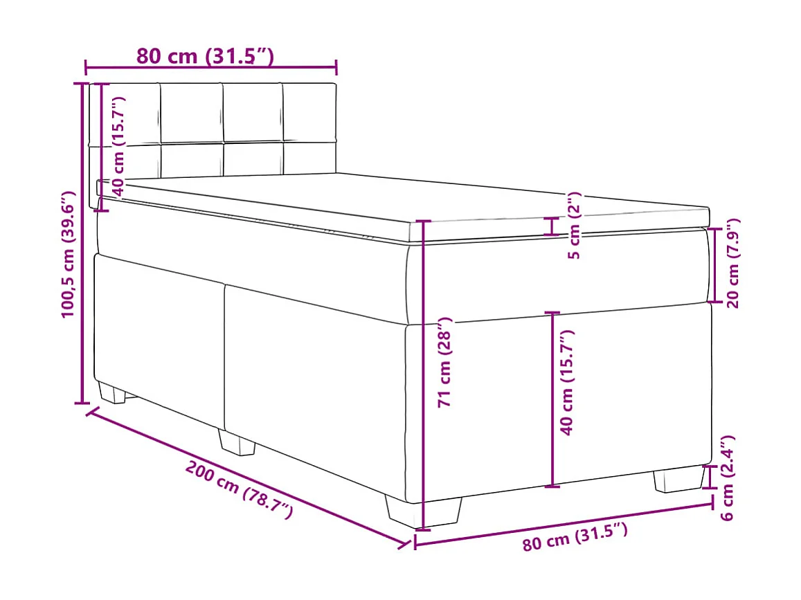 Cama box spring con colchón terciopelo verde oscuro 80x200 cm