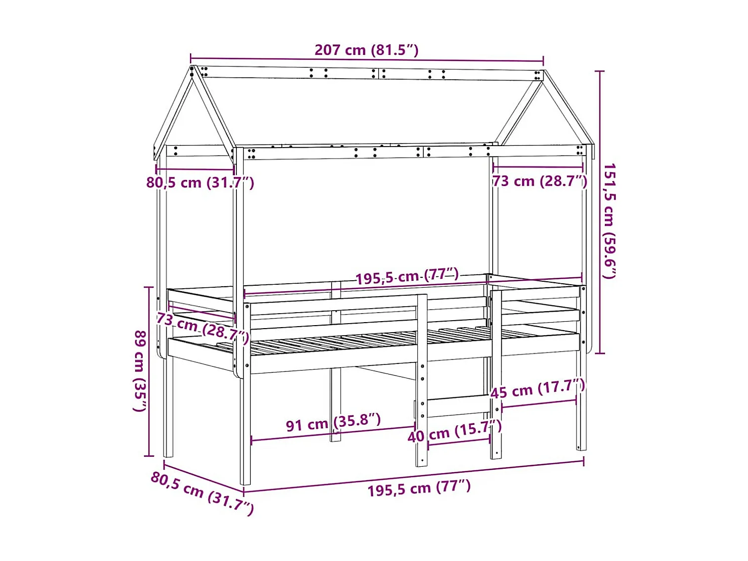 Hochbett mit Dach Wachsbraun 75x190 cm Massivholz Kiefer