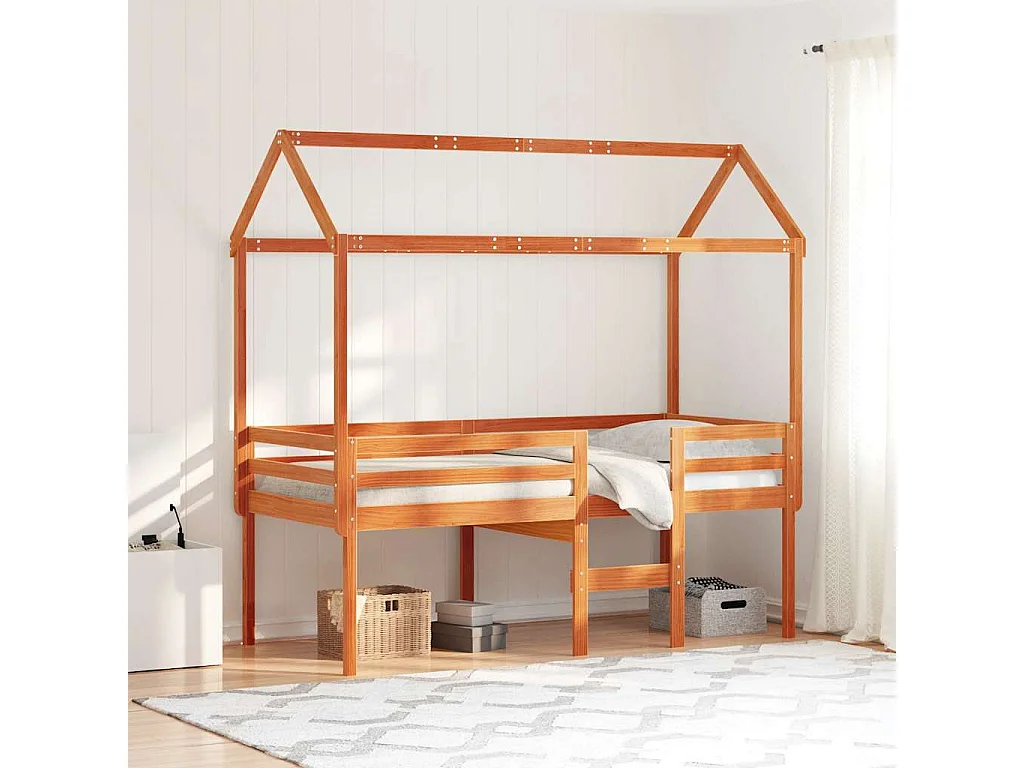 Hochbett mit Dach Wachsbraun 75x190 cm Massivholz Kiefer