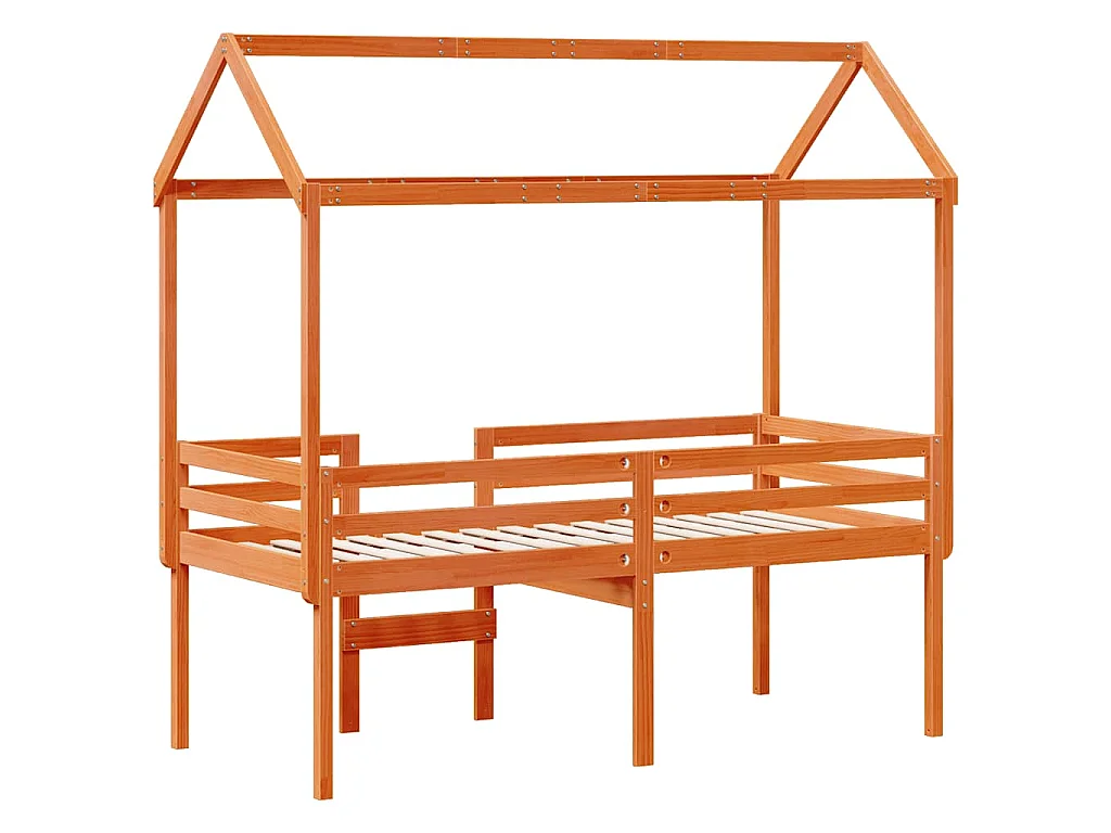 Cama alta con techo madera maciza de pino marrón cera 75x190 cm