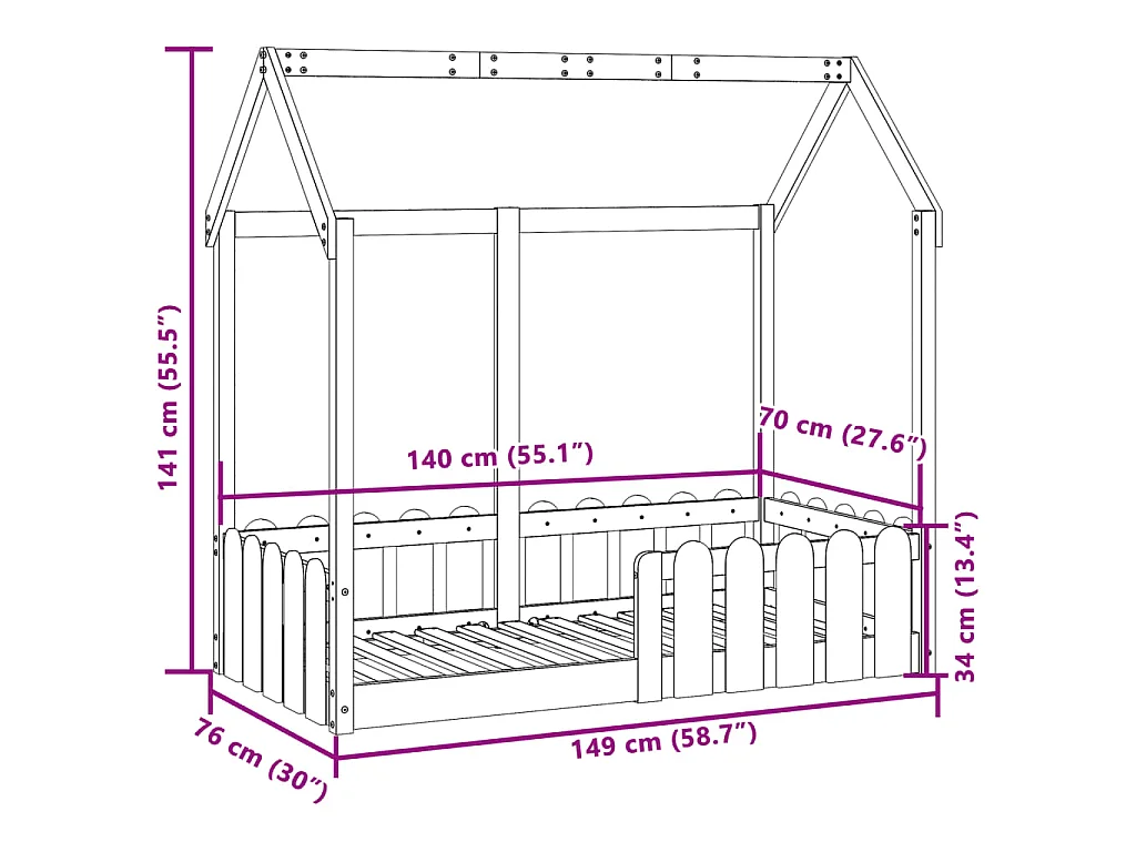 Cama infantil formato casa 70x140 cm madeira de pinho maciça