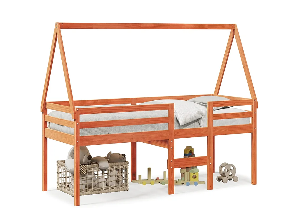 Letto a Soppalco con Tetto Cera 90x190cm Legno Massello di Pino