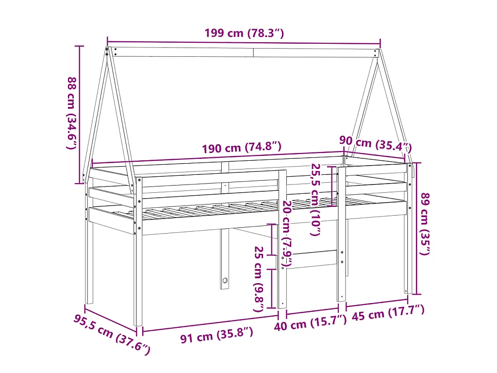 Letto a Soppalco con Tetto Cera 90x190cm Legno Massello di Pino
