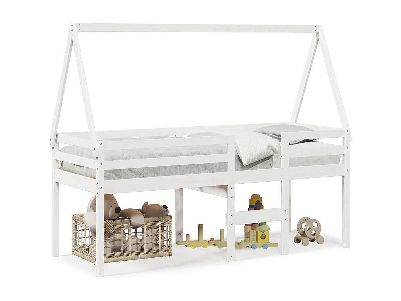 Letto a Soppalco con Tetto Bianco 90x190 cm in Legno di Pino