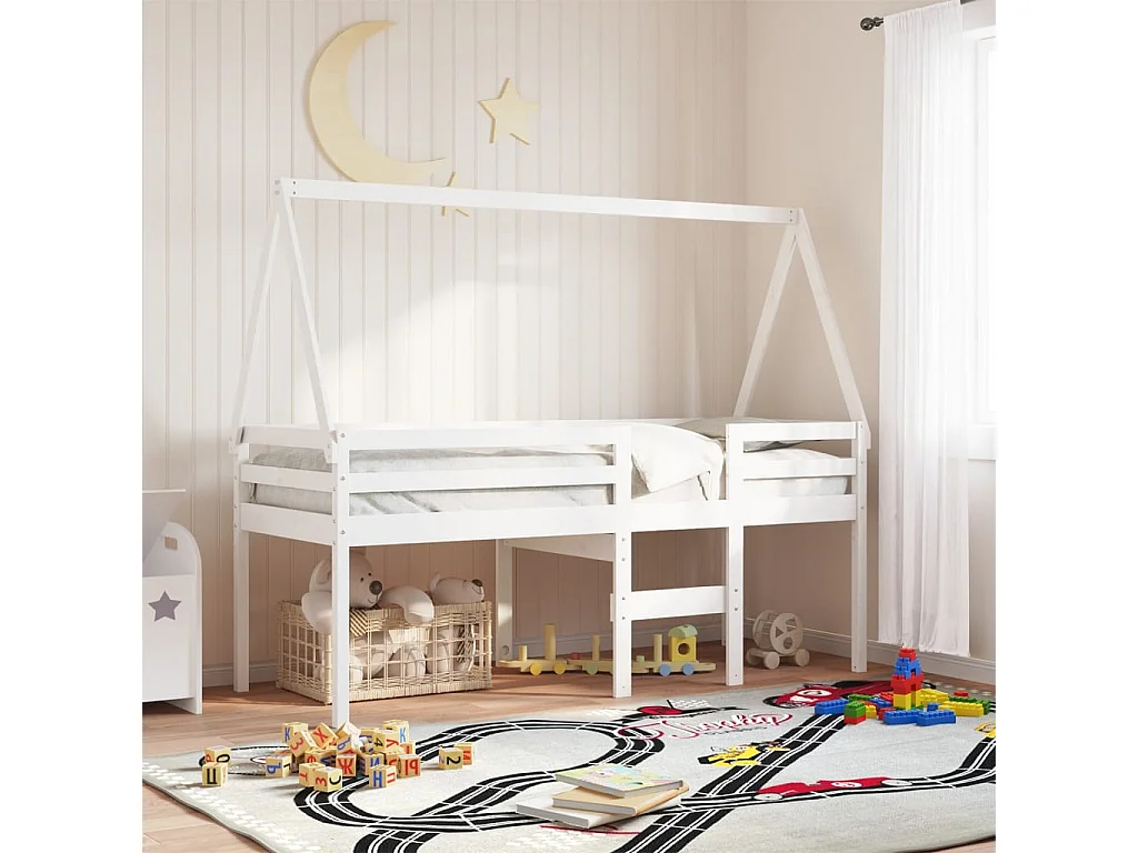 Letto a Soppalco con Tetto Bianco 90x190 cm in Legno di Pino