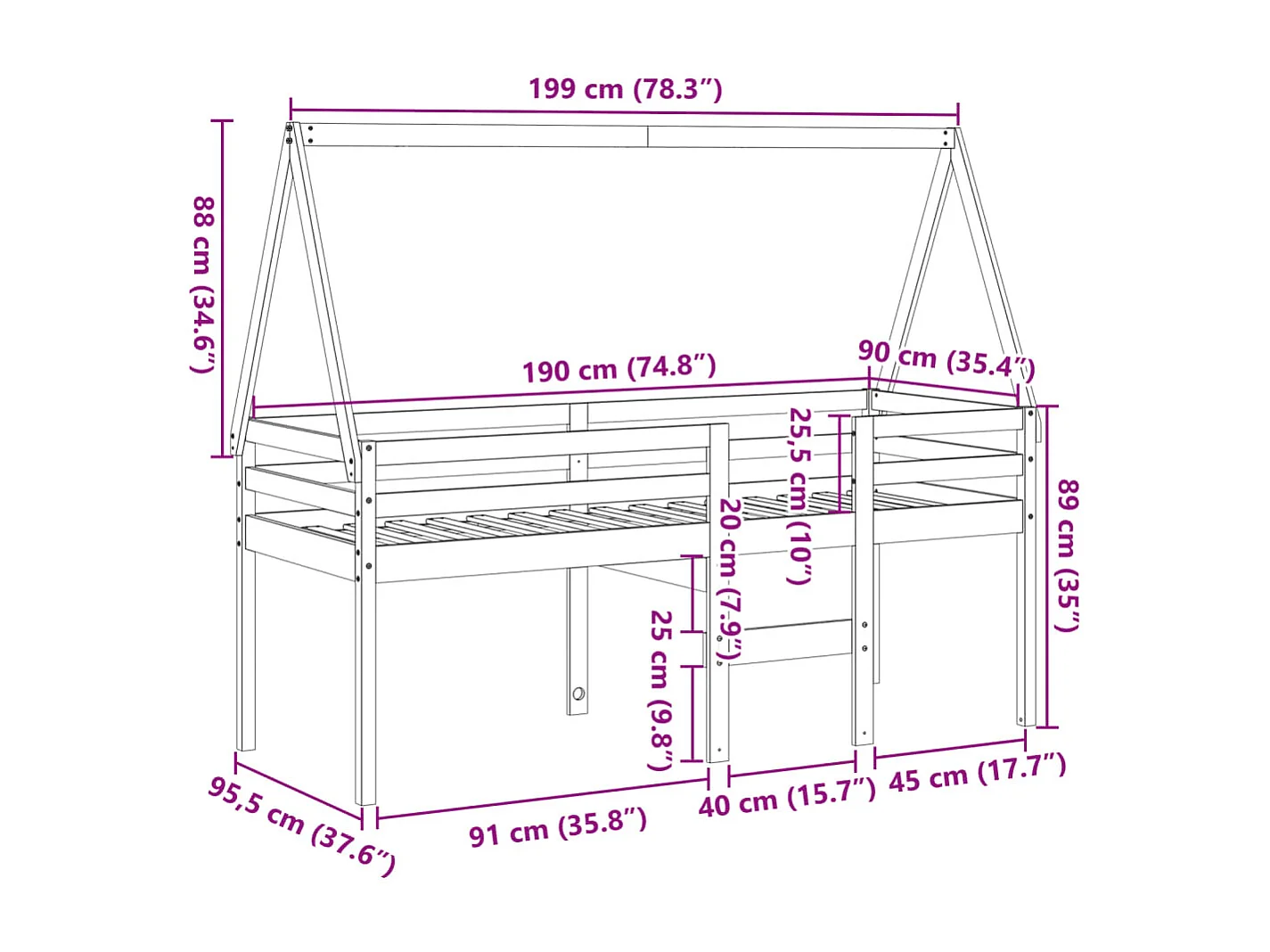 Letto a Soppalco con Tetto Bianco 90x190 cm in Legno di Pino