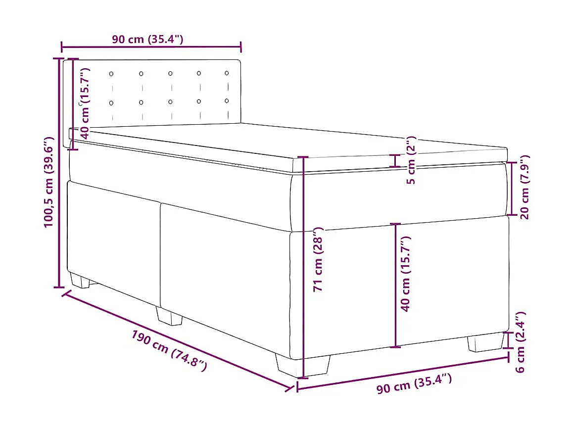 Cama box spring con colchón terciopelo azul oscuro 90x190 cm