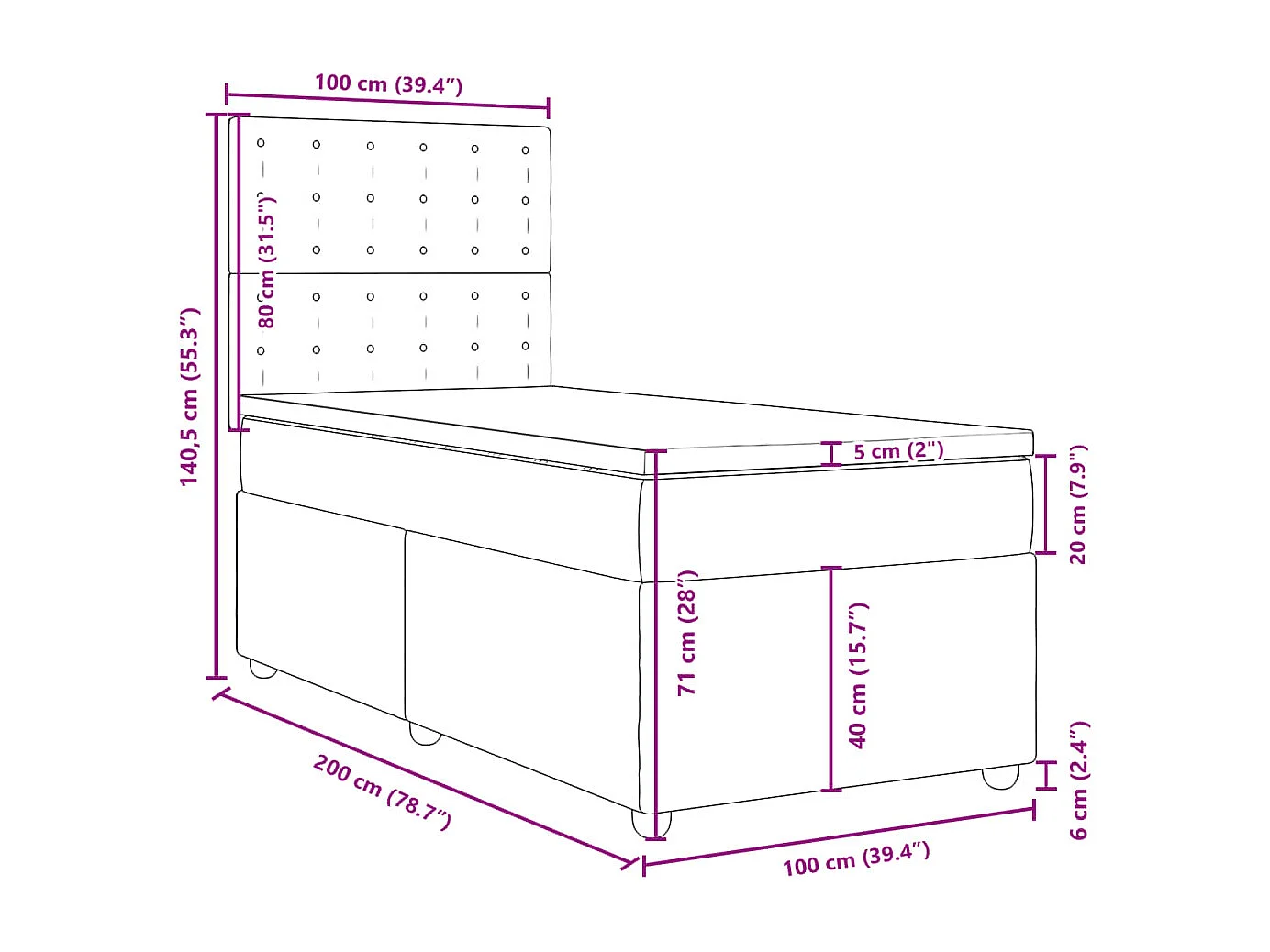 Cama box spring con colchón tela negro 100x200 cm