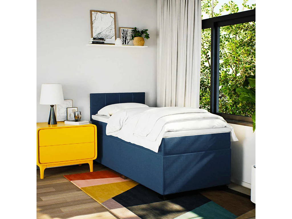 Cama box spring con colchón tela azul 100x200 cm
