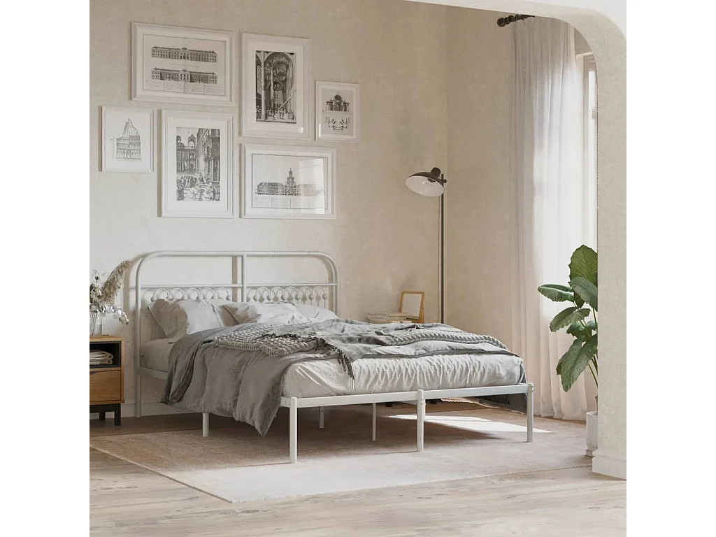 Bedframe met hoofdbord metaal wit 135x190 cm