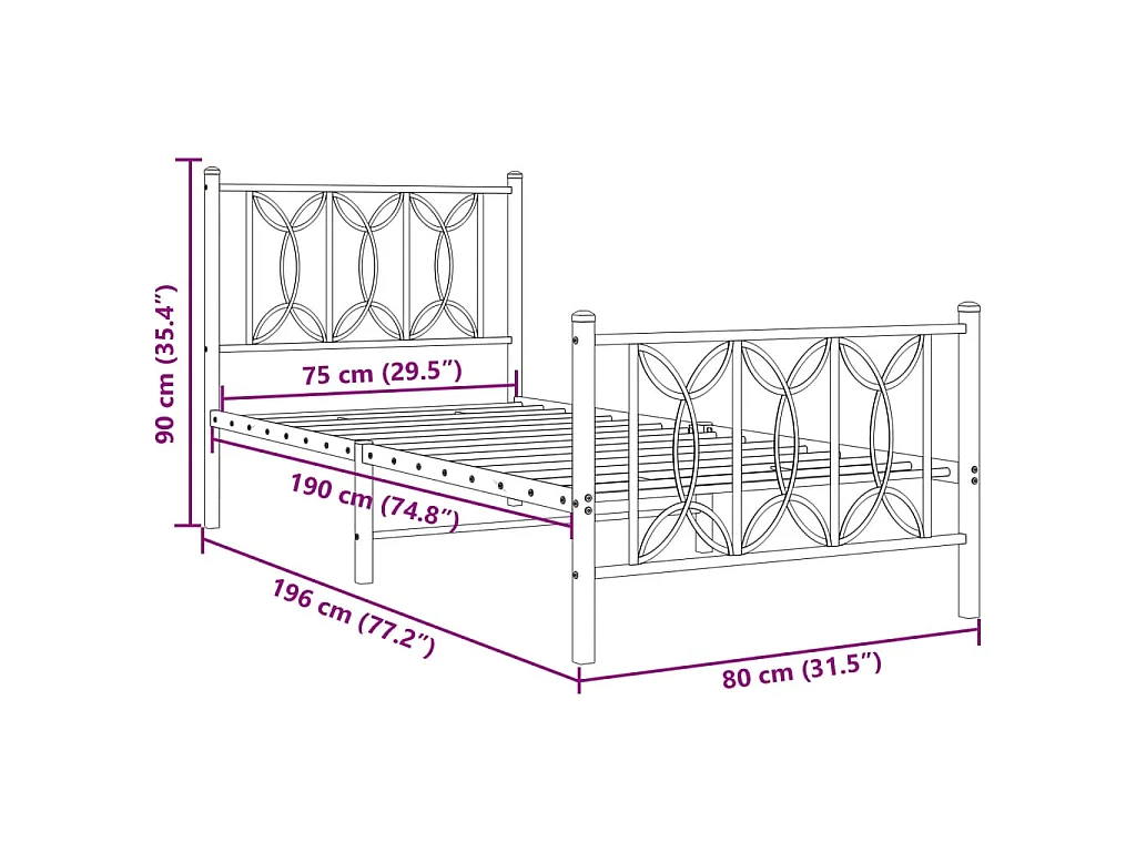 Bedframe met hoofd- en voeteneinde metaal zwart 75x190 cm