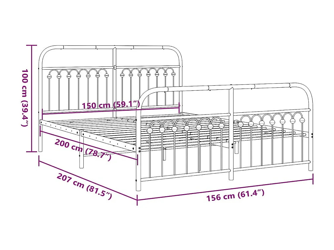 Bedframe met hoofd- en voeteneinde metaal zwart 150x200 cm