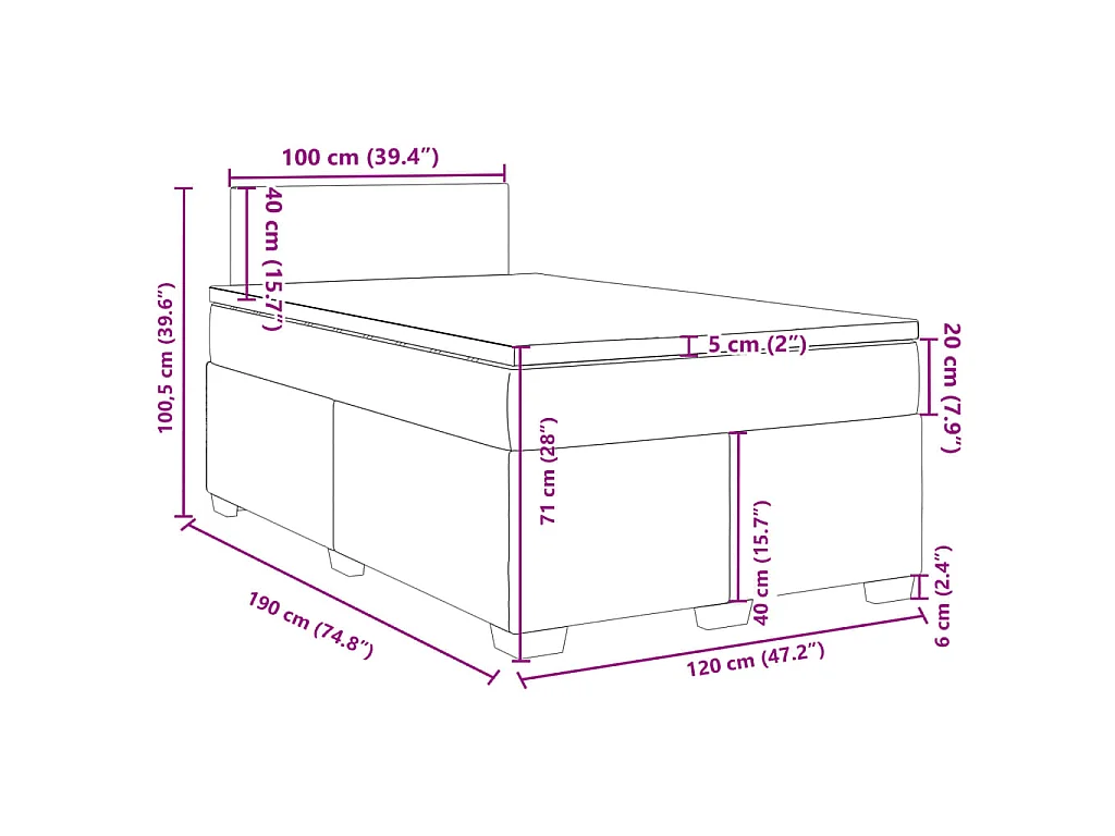 Cama box spring con colchón terciopelo gris oscuro 120x190 cm