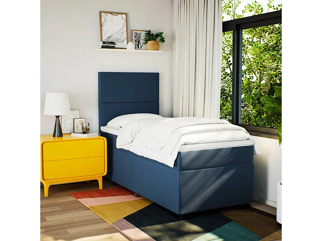 Cama box spring con colchón tela azul 80x200 cm