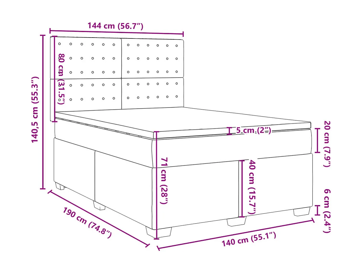 Cama box spring con colchón tela gris claro 140x190 cm