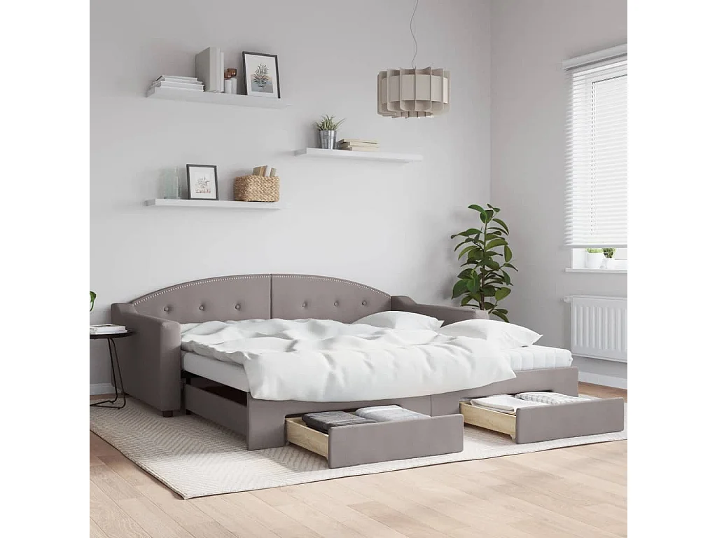 Tagesbett Ausziehbar mit Schubladen Taupe 100x200 cm Stoff