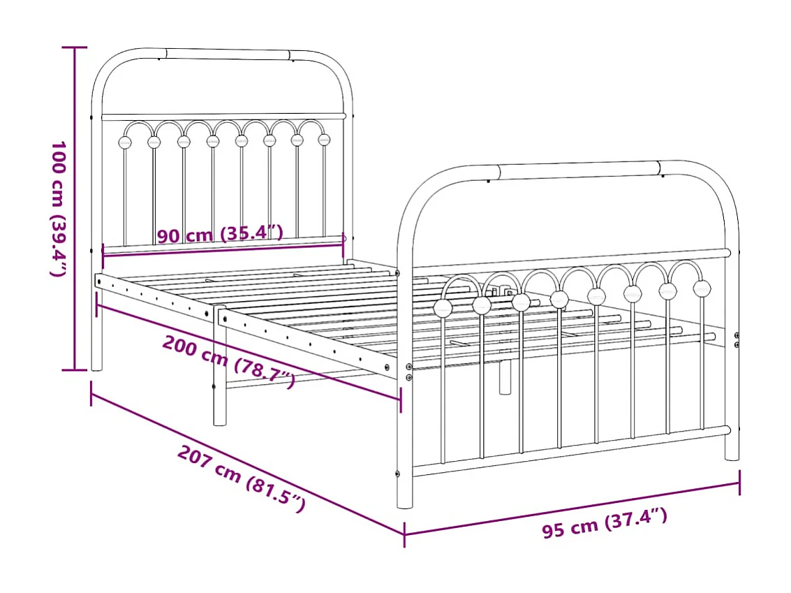 Cadre de lit métal sans matelas avec pied de lit blanc 90x200cm