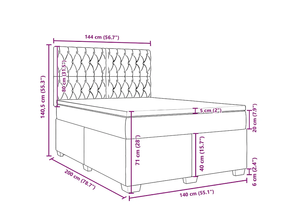 Cama box spring con colchón tela gris claro 140x200 cm