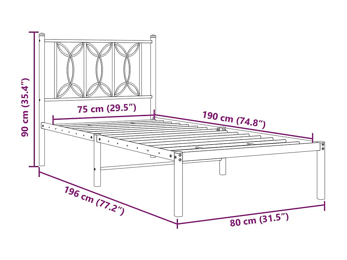 Bedframe met hoofdbord metaal zwart 75x190 cm