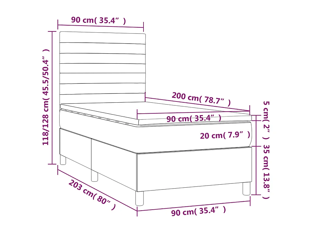 Cama box spring + colchão/LED 90x200cm tecido cinza-acastanhado