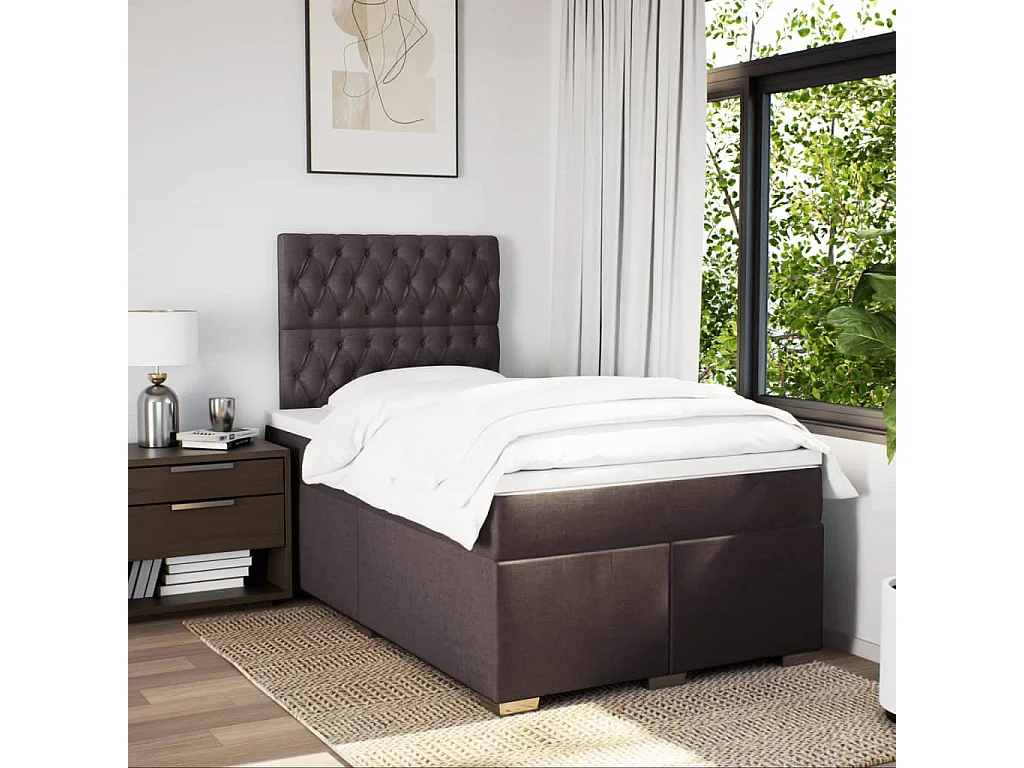 Cama box spring con colchón tela marrón oscuro 120x190 cm