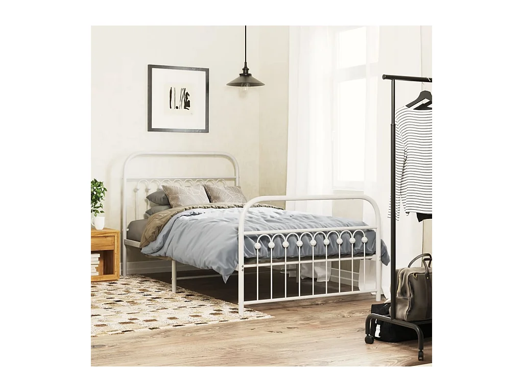 Cadre de lit métal sans matelas et pied de lit blanc 100x190 cm